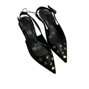Karl Lagerfeld Paris Black Leather Slingback Kitten Heels Pointed Toe Womens 6